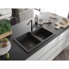 Mexen Tomas 2-bowl granite sink with Flora kitchen tap, black/gold metallic - 6516-75-670401-70-B