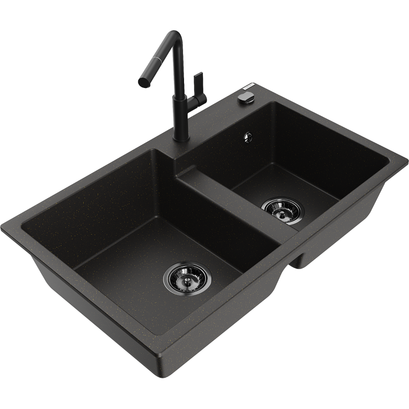 Mexen Tomas 2-bowl granite sink with Flora kitchen tap, black/gold metallic - 6516-75-670401-70-B