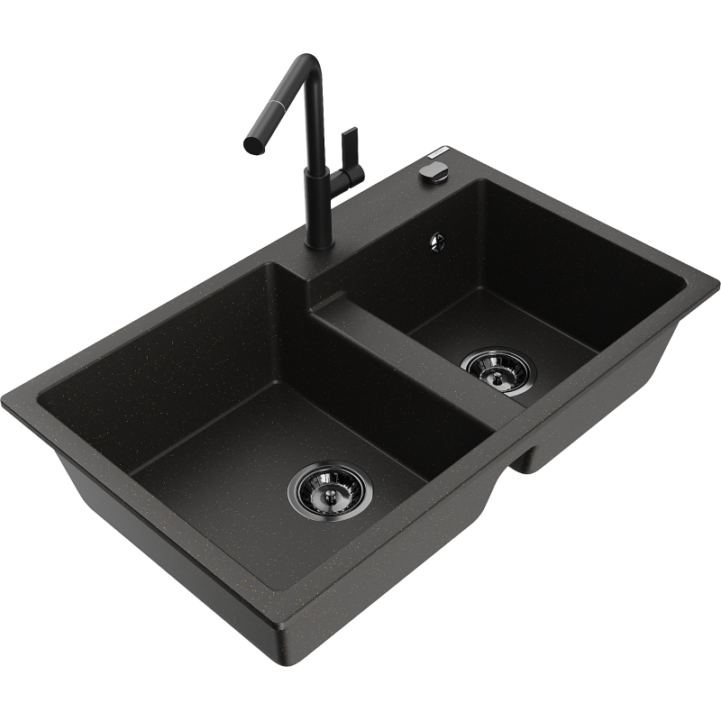 Mexen Tomas fregadero de granito de 2 compartimentos con grifo de cocina Flora, negro/oro metálico - 6516-75-670401-70-B