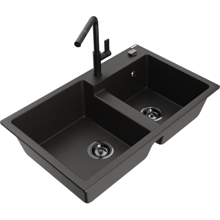 Mexen Tomas 2-bowl granite sink with Flora kitchen tap, black/gold metallic - 6516-75-670401-70-B
