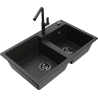 Mexen Tomas 2-bowl granite sink with Flora kitchen tap, black/gold metallic - 6516-75-670401-70-B