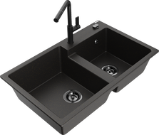 Mexen Tomas fregadero de granito de 2 compartimentos con grifo de cocina Flora, negro/oro metálico - 6516-75-670401-70-B