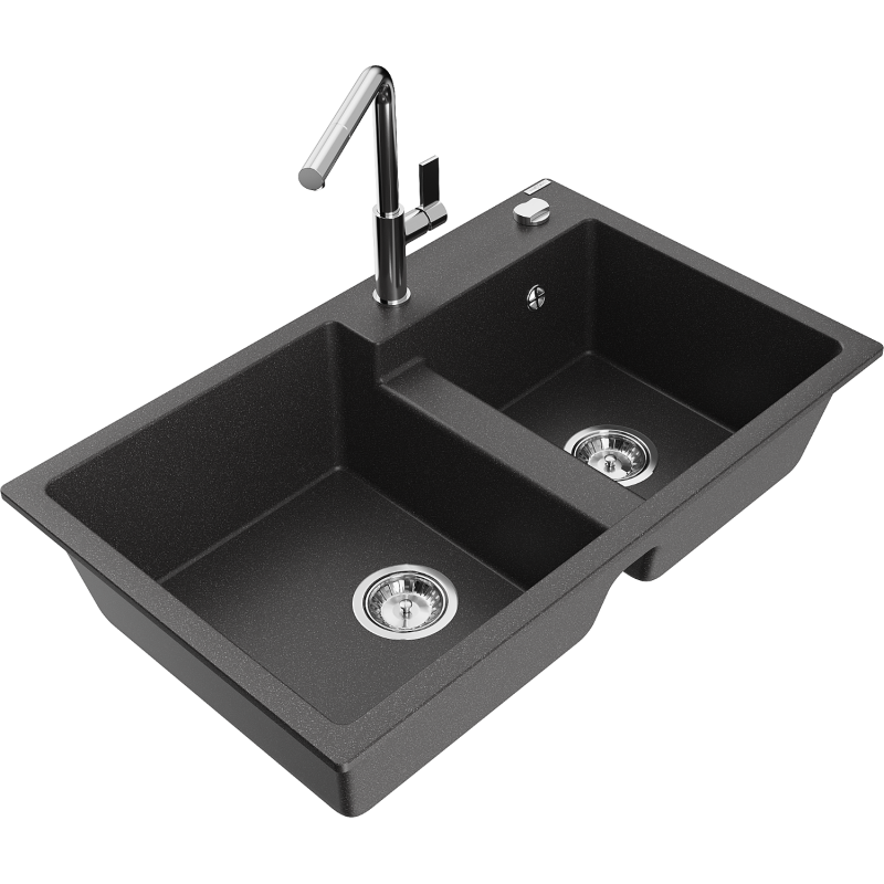 Mexen Tomas granite 2-bowl sink with Flora kitchen tap, black speckled - 6516-76-670401-00
