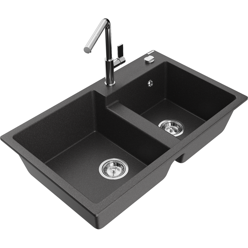 Mexen Tomas Granitspüle 2-Becken mit Küchenarmatur Flora, schwarz gesprenkelt - 6516-76-670401-00