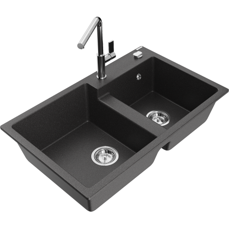 Mexen Tomas fregadero de granito de 2 senos con grifo de cocina Flora, negro moteado - 6516-76-670401-00