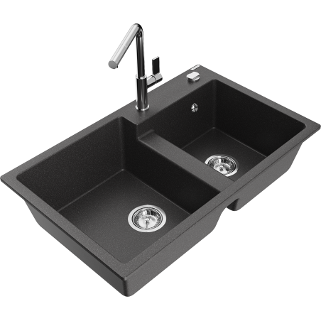 Mexen Tomas granite double-bowl kitchen sink with Flora kitchen faucet, black speckled - 6516-76-670401-00