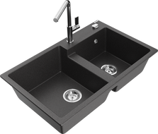 Mexen Tomas fregadero de granito de 2 senos con grifo de cocina Flora, negro moteado - 6516-76-670401-00