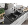 Mexen Tomas granite sink 2-chamber with Flora kitchen tap, black speckled - 6516-76-670401-07