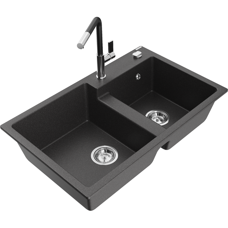 Mexen Tomas granitno pomivalno korito z dvema prekatoma s kuhinjsko pipo Flora, črna pegasta - 6516-76-670401-07