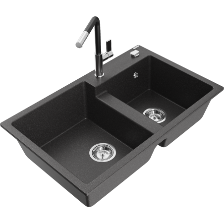 Mexen Tomas granite sink 2-chamber with Flora kitchen tap, black speckled - 6516-76-670401-07