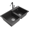 Mexen Tomas granite sink 2-chamber with Flora kitchen tap, black speckled - 6516-76-670401-07