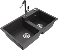 Mexen Tomas granite sink 2-chamber with Flora kitchen tap, black speckled - 6516-76-670401-07