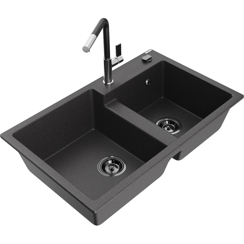 Mexen Tomas 2-bowl granite sink with Flora kitchen tap, black speckled - 6516-76-670401-07-B