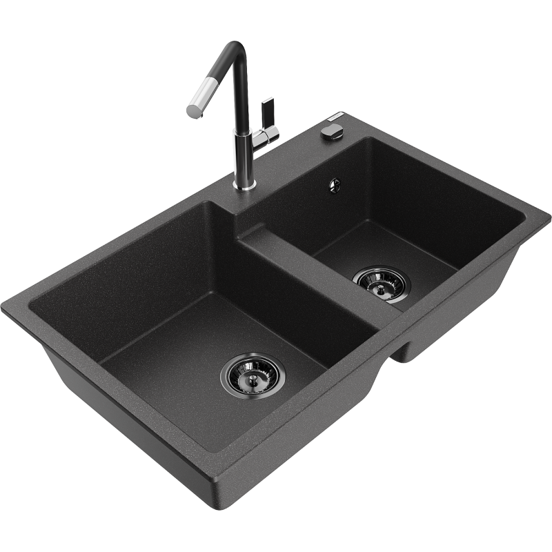 Mexen Tomas fregadero de granito de 2 cubetas con grifo de cocina Flora, negro moteado - 6516-76-670401-07-B