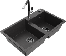 Mexen Tomas 2-bowl granite sink with Flora kitchen tap, black speckled - 6516-76-670401-07-B