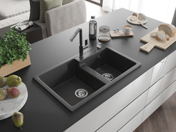 Mexen Tomas granite sink 2-bowl with Flora kitchen tap, black speckled - 6516-76-670401-08
