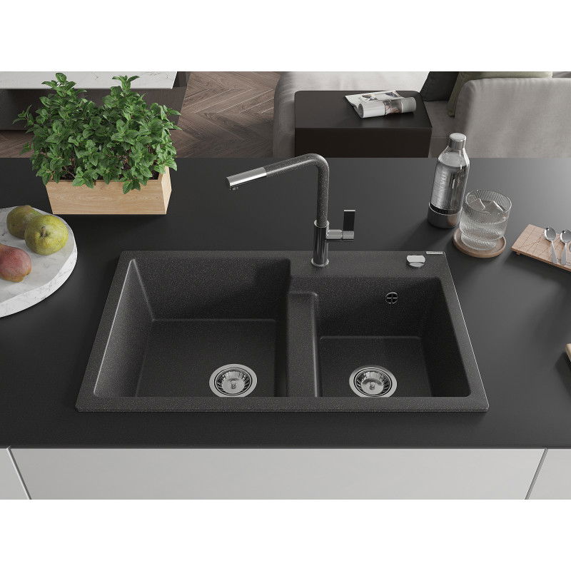 Mexen Tomas granite sink 2-bowl with Flora kitchen tap, black speckled - 6516-76-670401-08
