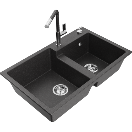 Mexen Tomas fregadero de granito de 2 compartimentos con grifo de cocina Flora, negro moteado - 6516-76-670401-08
