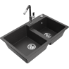 Mexen Tomas granite sink 2-bowl with Flora kitchen tap, black speckled - 6516-76-670401-08