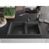 Mexen Tomas granite sink 2-chamber with Flora kitchen tap, black speckled - 6516-76-670401-08-B