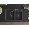 Mexen Tomas granite sink 2-chamber with Flora kitchen tap, black speckled - 6516-76-670401-08-B