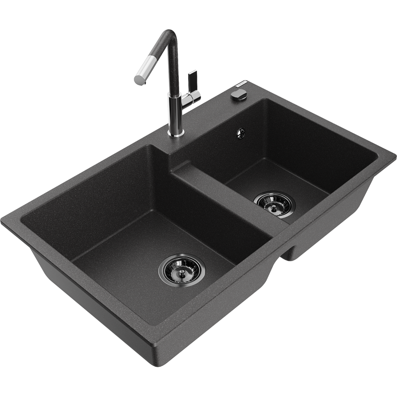Mexen Tomas fregadero de granito de 2 senos con grifo de cocina Flora, negro moteado - 6516-76-670401-08-B