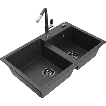 Mexen Tomas fregadero de granito de 2 compartimentos con grifo de cocina Flora, negro moteado - 6516-76-670401-08-B