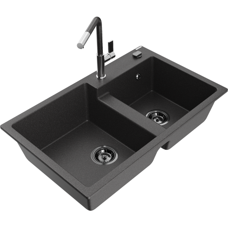 Mexen Tomas granite sink 2-chamber with Flora kitchen tap, black speckled - 6516-76-670401-08-B