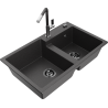 Mexen Tomas granite sink 2-chamber with Flora kitchen tap, black speckled - 6516-76-670401-08-B