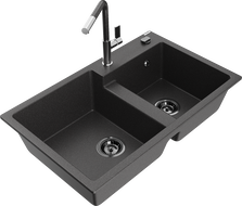 Mexen Tomas granite sink 2-chamber with Flora kitchen tap, black speckled - 6516-76-670401-08-B