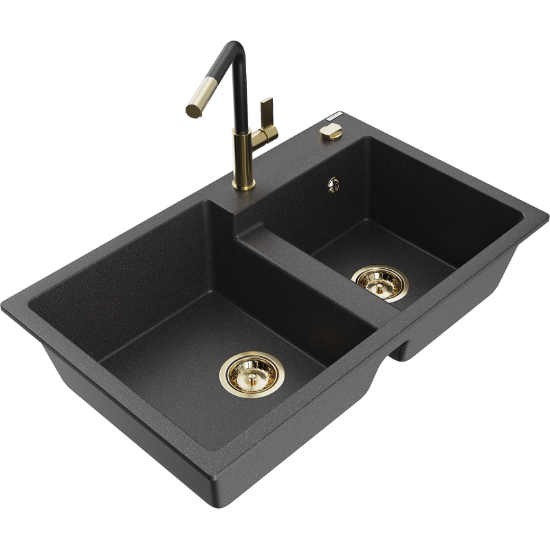 Mexen Tomas fregadero de granito de 2 compartimentos con grifo de cocina Flora, negro moteado - 6516-76-670401-57-G