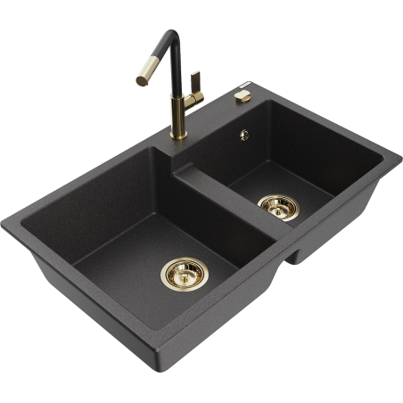 Mexen Tomas granitno korito za pomivanje posode z dvema komorama in kuhinjsko armaturo Flora, črno z pikami