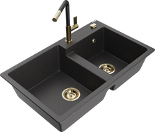 Mexen Tomas granite sink 2-bowl with Flora kitchen tap, black speckled - 6516-76-670401-57-G