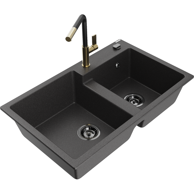 Mexen Tomas granitdiskho med 2 fack med Flora-köksblandare, svart spräcklig - 6516-76-670401-57-B