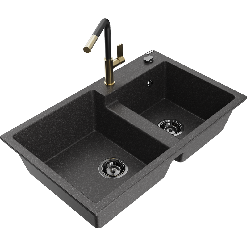 Mexen Tomas lavello in granito a 2 vasche con rubinetto da cucina Flora, nero macchiato - 6516-76-670401-57-B