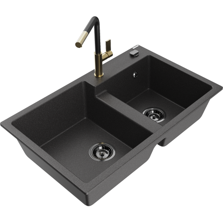 Mexen Tomas fregadero de granito de 2 compartimentos con grifo de cocina Flora, negro moteado - 6516-76-670401-57-B