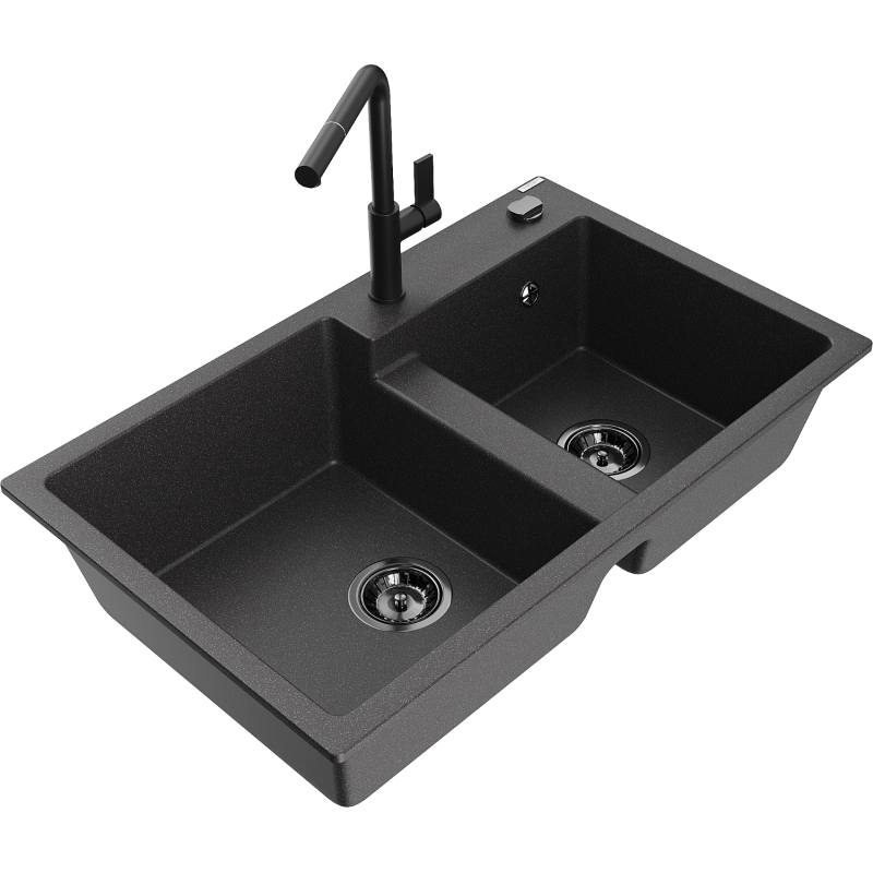 Mexen Tomas 2-basin granite kitchen sink with Flora faucet, black speckled - 6516-76-670401-70-B