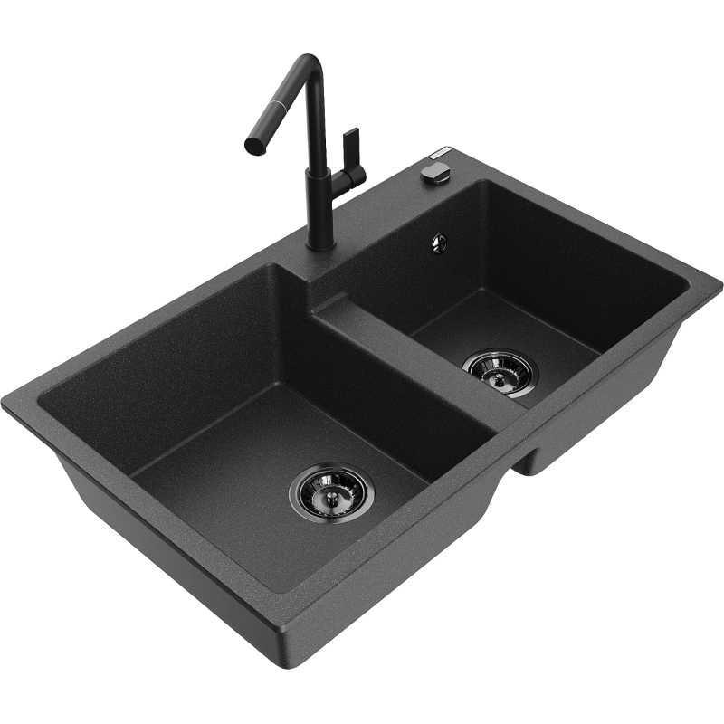 Mexen Tomas νεροχύτης γρανίτη 2-θέσεων με μπαταρία κουζίνας Flora, μαύρος με