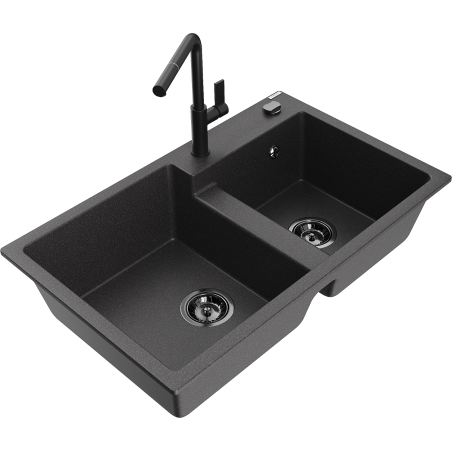 Mexen Tomas 2-basin granite kitchen sink with Flora faucet, black speckled - 6516-76-670401-70-B