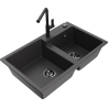Mexen Tomas 2-basin granite kitchen sink with Flora faucet, black speckled - 6516-76-670401-70-B