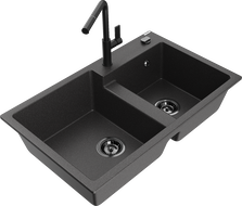 Mexen Tomas fregadero de granito de 2 senos con grifo de cocina Flora, negro moteado - 6516-76-670401-70-B