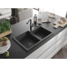 Mexen Tomas 2-basin granite kitchen sink with Flora faucet, black speckled - 6516-76-670401-70-B