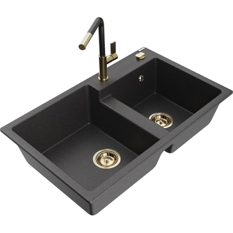 Mexen Tomas fregadero de granito de 2 senos con grifo de cocina Flora, negro moteado - 6516-76-670401-75-G