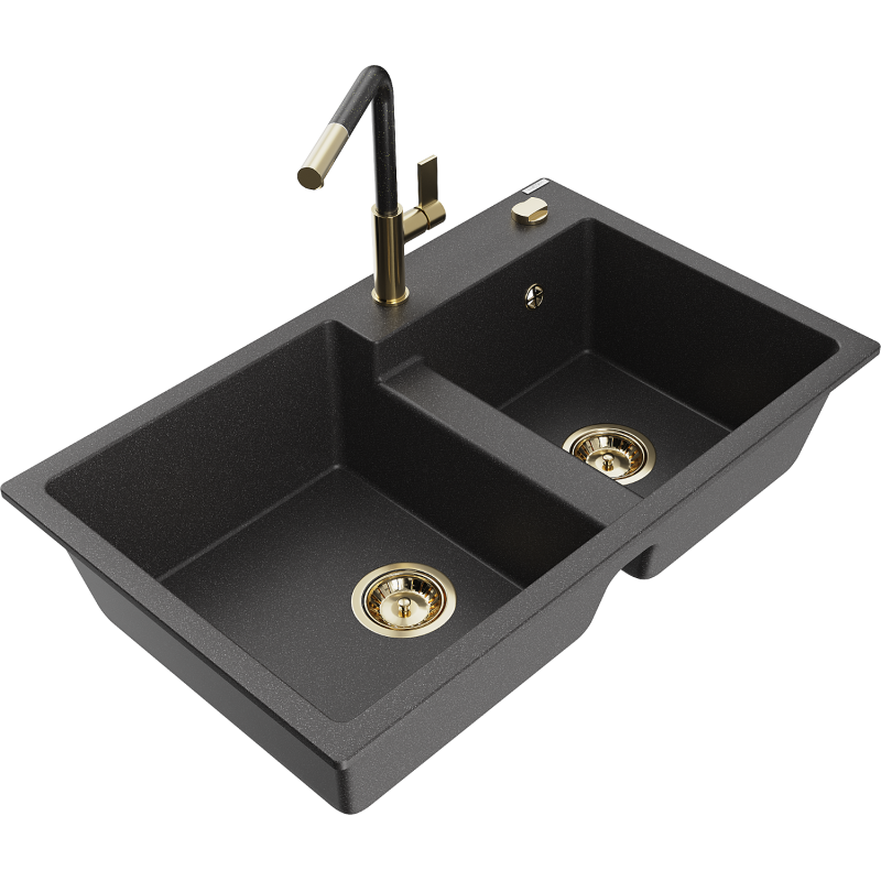 Mexen Tomas granite sink 2-chamber with Flora kitchen tap, speckled black - 6516-76-670401-75-G