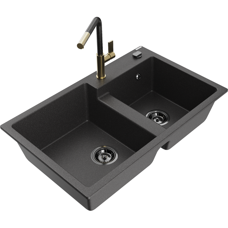 Mexen Tomas fregadero de granito de 2 compartimentos con grifo de cocina Flora, negro moteado - 6516-76-670401-75-B