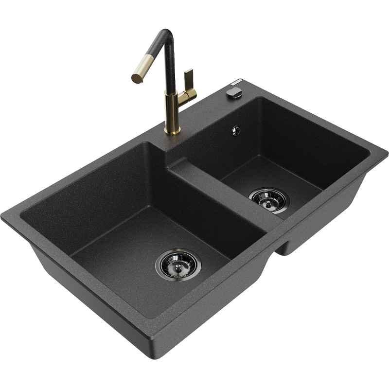 Mexen Tomas granitdiskbänk med 2 fack och köksblandare Flora, svart spräcklig - 6516-76-670401-75-B