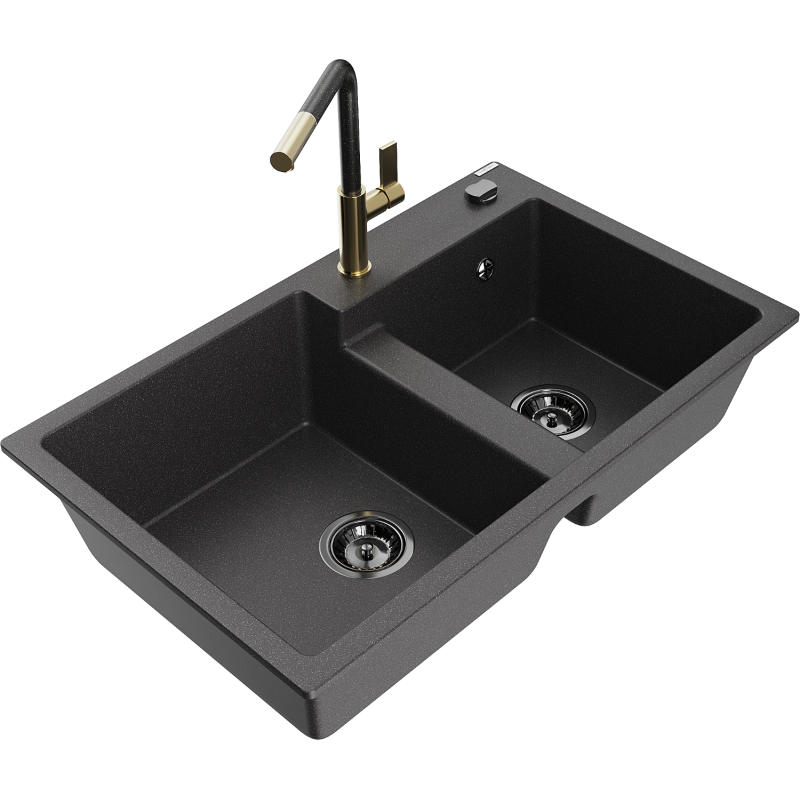 Mexen Tomas granite double kitchen sink with Flora kitchen tap, speckled black - 6516-76-670401-75-B