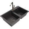 Mexen Tomas granite double kitchen sink with Flora kitchen tap, speckled black - 6516-76-670401-75-B