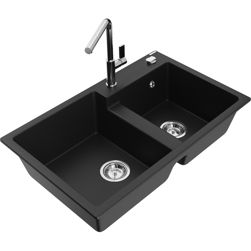 Mexen Tomas granite sink 2-chamber with Flora kitchen tap, black - 6516-77-670401-00