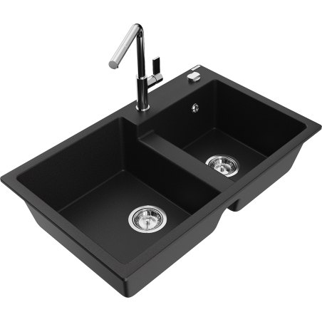 Mexen Tomas granite sink 2-chamber with Flora kitchen tap, black - 6516-77-670401-00